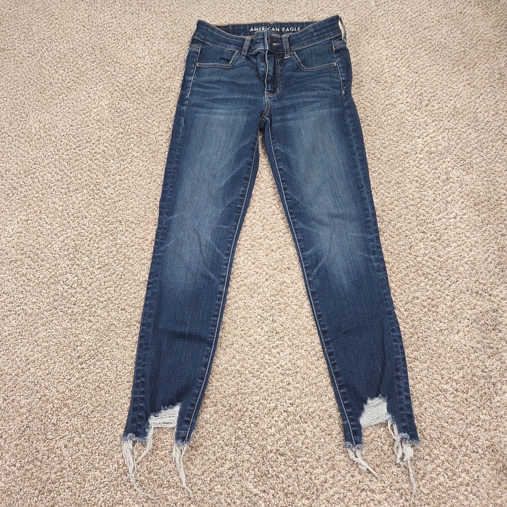 AMERICAN EAGLE Dark Blue Next Level Stretch Hi-Rise Jegging Crop 2 Distressed